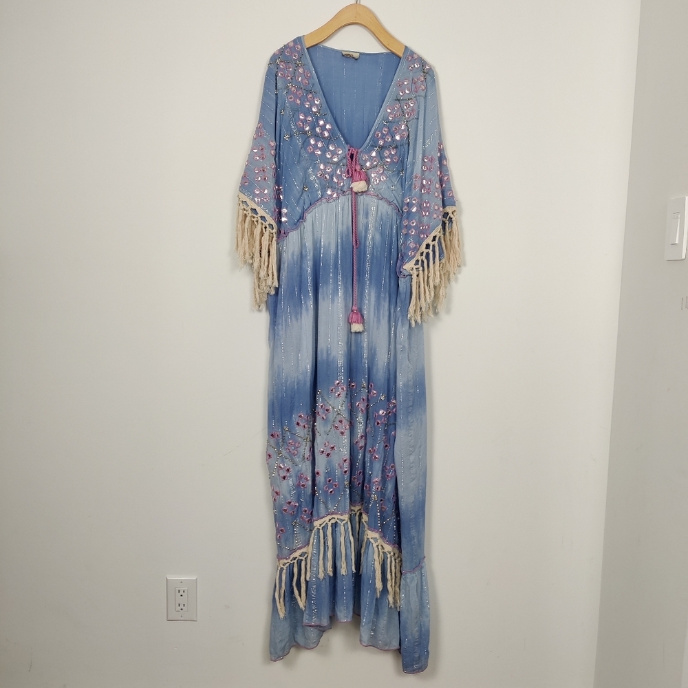 Women's Bohemian Ruffle Tiered Maxi  Kimono Dress Size 1X Kleid Beach Resortwear